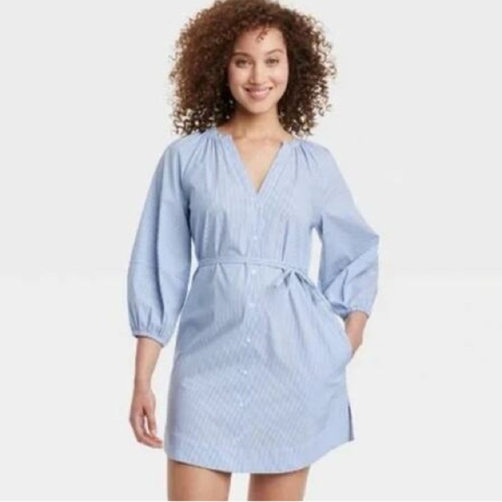 A New Day Blue Pin Stripe Puff Sleeve Tie Dress